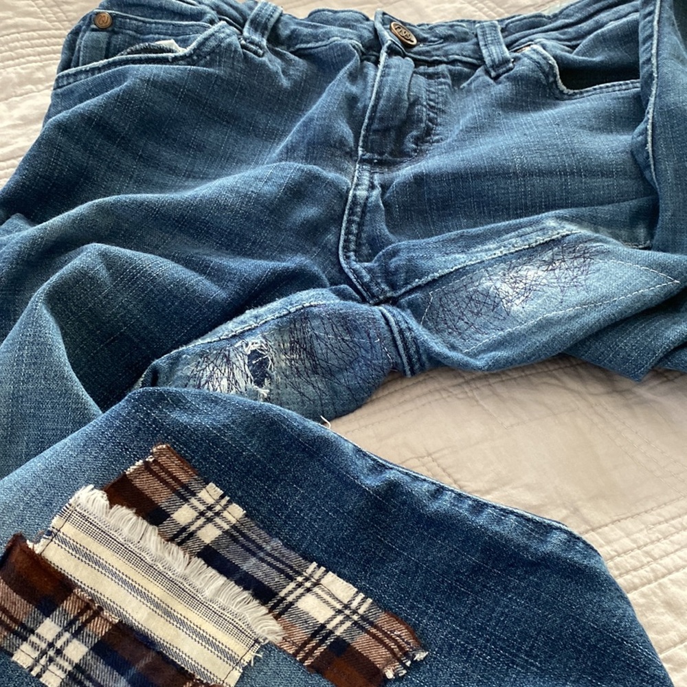 Wrangler Upcycled Jeans Flannel Patchwork Dungare… - image 2